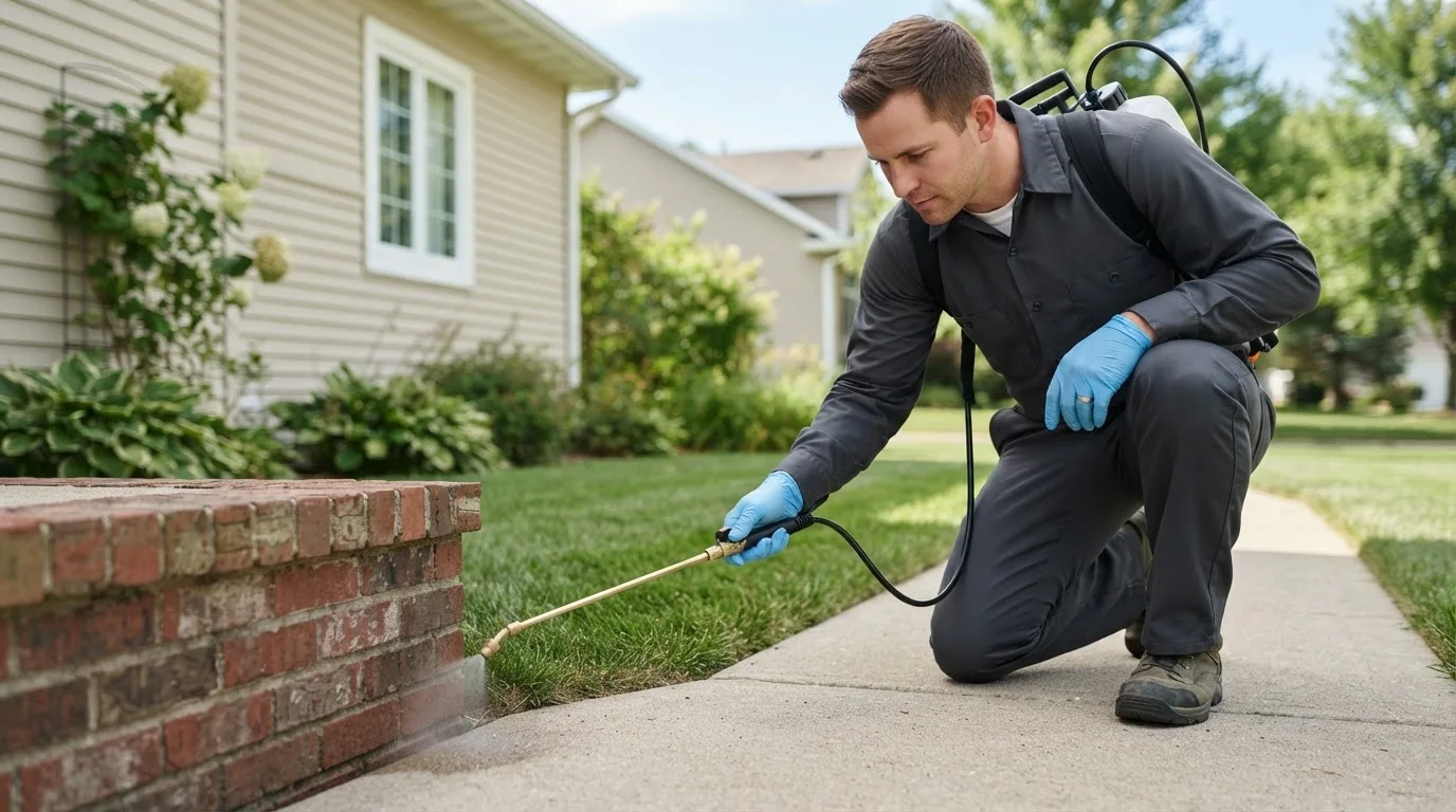 Pest control technician treating a home near Summerfield, KS